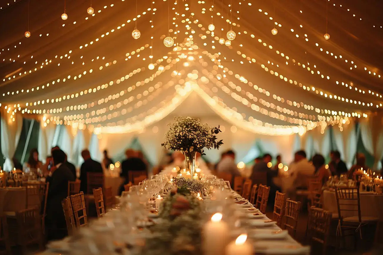 LED uplighting and chandelier rental creating ambiance inside a wedding tent in Metro Detroit Michigan